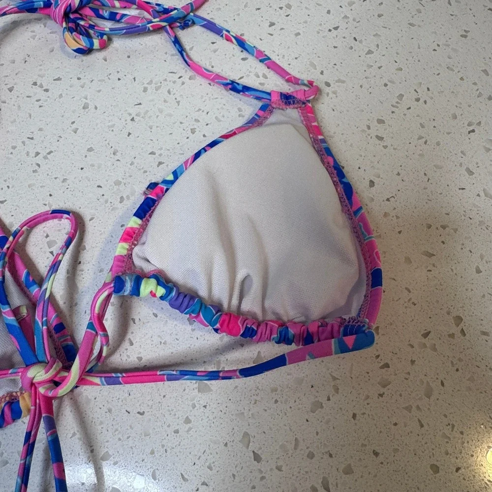 Pink Blue Floral Triangle Bikini Top Halter Swimwear Women Small